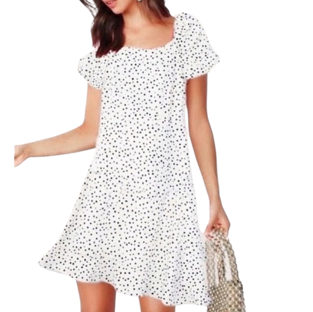LOFT White Black Polka Dot Linen Puff Sleeve Cut-Out Tie Back Flare Dress‎ 14